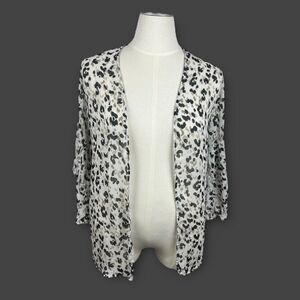 White Animal Leopard Print Sheer Lightweight Flare Sleeve Topper Kimono Large